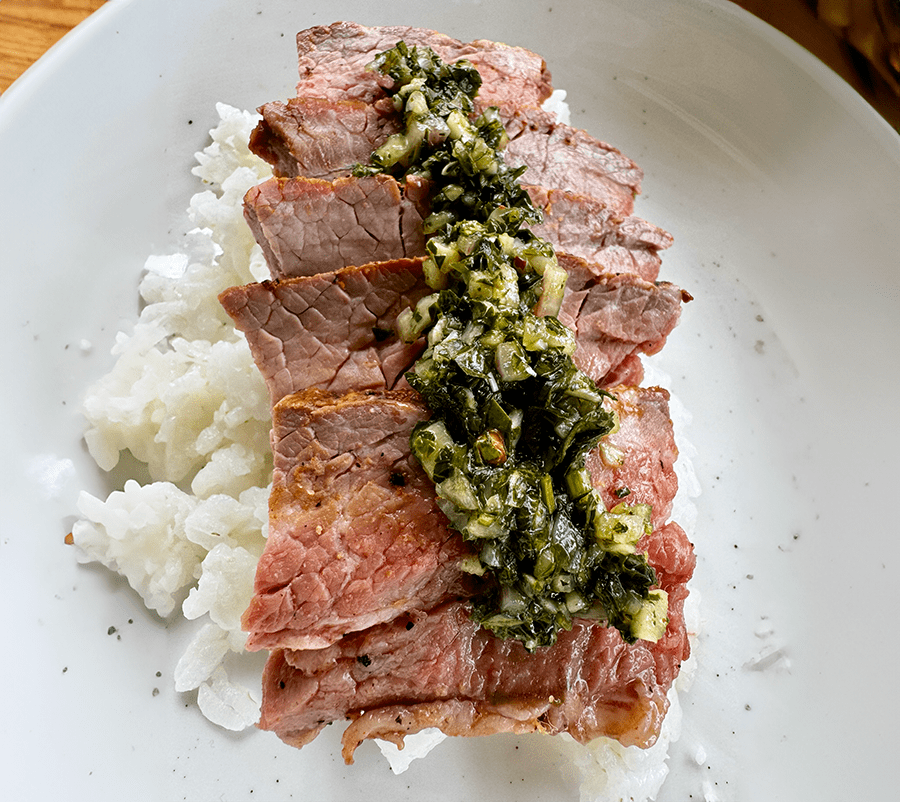 Smoked Tri-Tip with Chimichurri made with Hot Salt - Photos and recipe: Dave Sands Firecracker Farm Recipe Image