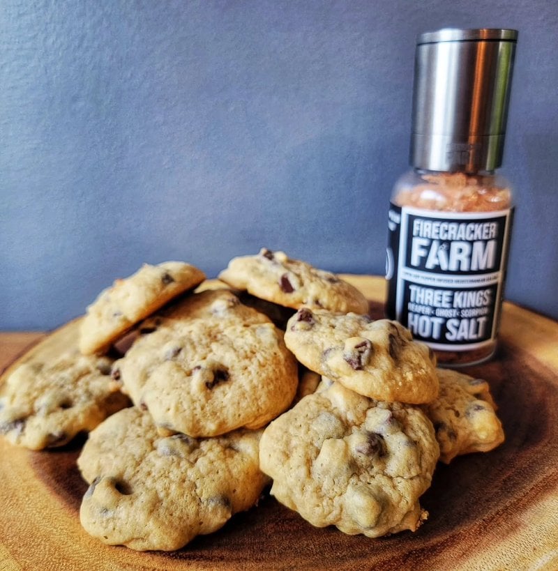 Hot Salt Chocolate Chip Cookies - Recipe and photo by MetalMamaBBQ Firecracker Farm Recipe Image