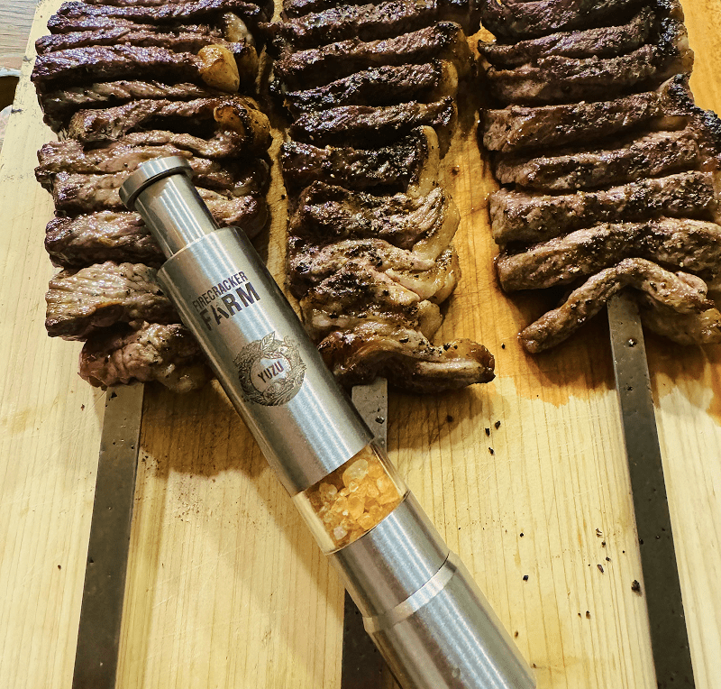 Picanha on Skewers in the Gozney Tread with Firecracker Farm Yuzu Hot Salt - Photos and recipe: Dave Sands Firecracker Farm Recipe Image
