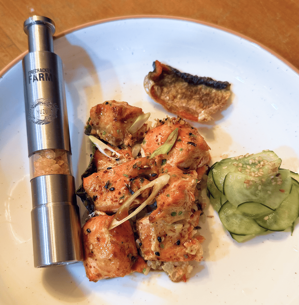 Weeknight Japanese BBQ Salmon Sushi Bake with Yuzu Firecracker Salt